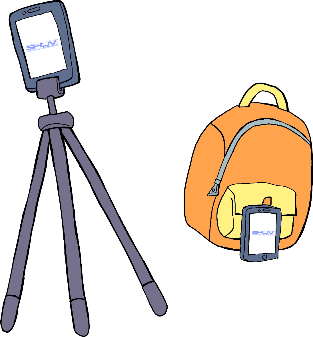 A phone on a tripod and a phone leaning on a backpack